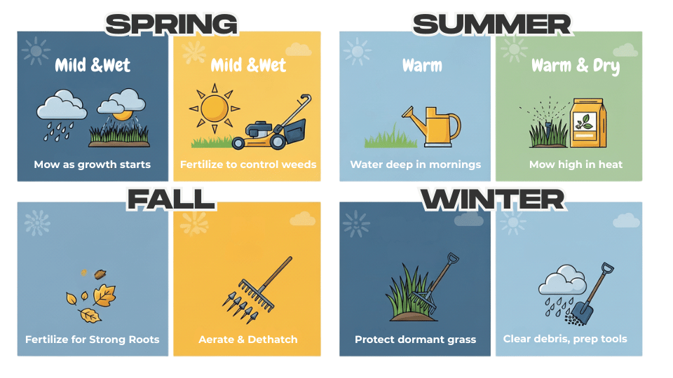 Infographic showing the four seasons in Silverdale, WA, and their corresponding weather patterns and lawn care needs.